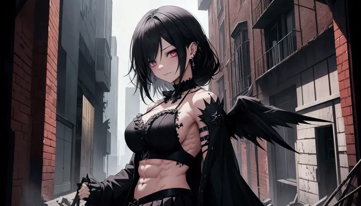Apocalypse, abandon buildings, black hair, gothic, peircing, Beautiful、muscular、Six Pack Abs、（Frills、mini skirt、gothic clothes：1.9）、Facial blemishes、Smirking expression、Dynamic configuration、detailed、Photorealistic、8k、High resolution、Super detailed、Cinemat...