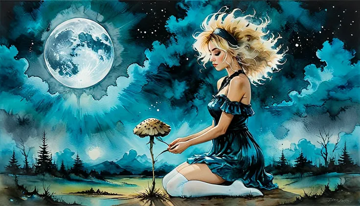 (The art of alcohol ink), the painting is painted with alcohol ink on textured paper and depicts a beautiful minimalistic landscape with a beautiful blonde woman with big messy hair, thin black headband, a short blue dress, white stockings, kneeling, holdi...