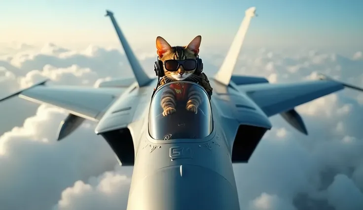 Full HD shot of a Chinese Chengdu J-20 fighter jet flying through clouds in the sky, piloted by a small Bengal cat, the feline is inside the cabin of the plane, equipped with Raf aviator glasses, headphones, military uniform and inside the plane piloting. ...