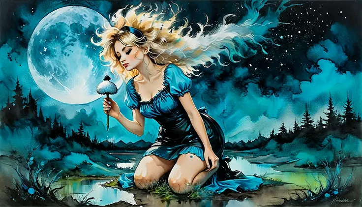 (The art of alcohol ink), the painting is painted with alcohol ink on textured paper and depicts a beautiful minimalistic landscape with a beautiful blonde woman with big messy hair, thin black headband, a short blue dress, white stockings, kneeling, holdi...