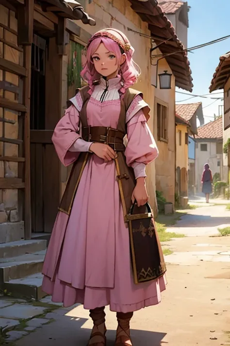 village of poor people, with pink hair, and brown clothes in medieval style (do not make colorful clothes) pink hair (Net Worth No)
