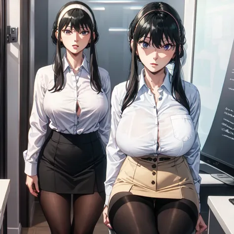 (Best Quality, highest resolution, ray tracing), (1 girl, alone, ,  Appearance, , very big breasts, black office uniform), Slim fit button down shirt with loose buttons., atar, tube skirt, (Realistic black stockings)