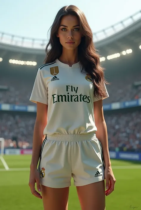 brunette, European face , height 176 cm, with green eyes, slim figure with big breasts, in Real Madrid football uniform long wavy hair, stands at the Santiago Bernabeu stadium in Madrid Spain