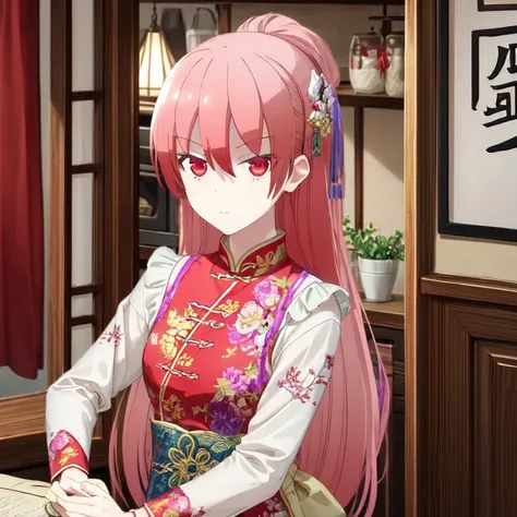 The beautiful dressed as an elegant Chinese idol, in a house, with a serious expression.