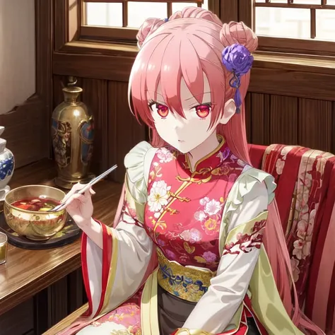 The beautiful dressed as an elegant Chinese idol, in a house, with a serious expression.