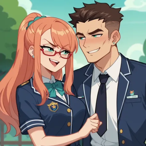 romantic couple, smug, cartoon screencap, college uniform, adult, 