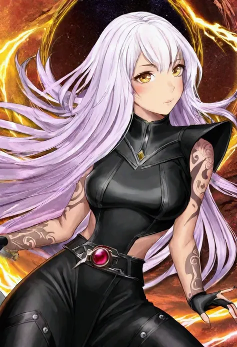 a cute yuna, evil sith master, long white hair, extensive evil violet tattoos, bright citrine eyes, sexy black outfit, lightning dances on her right arm, wild hair, evil expression, damaged interior of a rebel starship, rebel soldiers lie dead and smoking ...