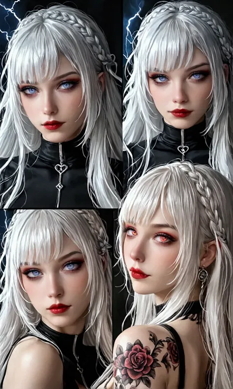 a cute yuna, evil sith master, long white hair, extensive evil violet tattoos, bright citrine eyes, sexy black outfit, lightning dances on her right arm, wild hair, evil expression, damaged interior of a rebel starship, rebel soldiers lie dead and smoking ...