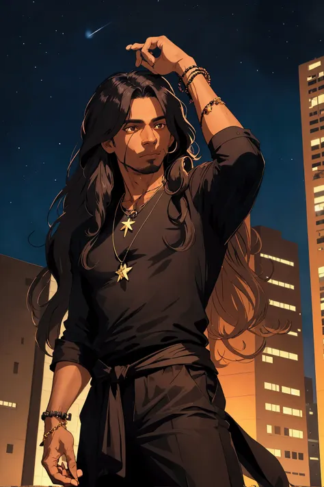 A brown-skinned man with long hair reaching past his waist, wearing a black shirt and a necklace with a five-pointed star, on top of a building at night 