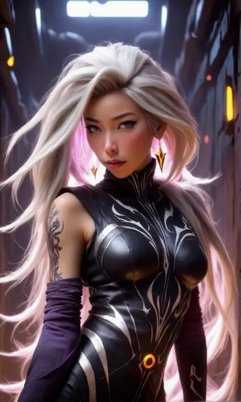 a cute yuna, evil sith master, long white hair, extensive evil violet tattoos, bright citrine eyes, sexy black outfit, lightning dances on her right arm, wild hair, evil expression, damaged interior of a rebel starship, rebel soldiers lie dead and smoking ...