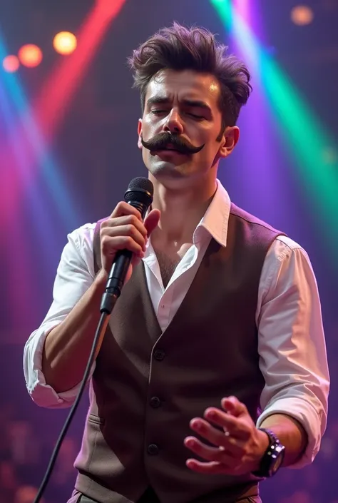 Black Messy Quiff hair imperial mustache strong man close eyes, no beard, wear white shirt with brown vest, cowboy style, sing a song with microphone on gameshow stage, Rainbow lighting