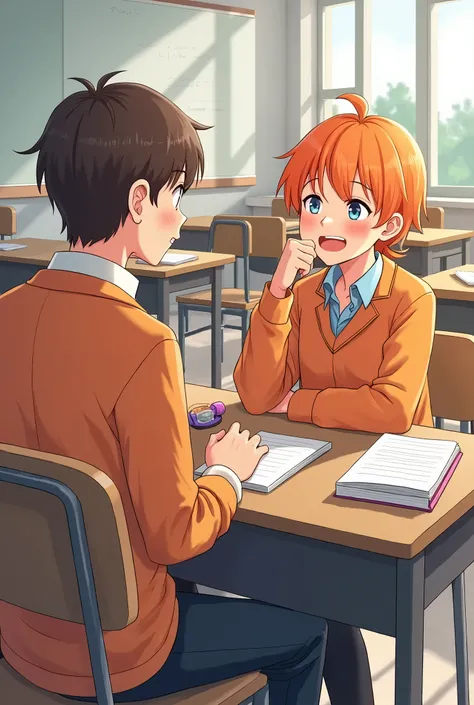  with short orange hair, with bangs, orange uniform sitting next to his friend in the classroom they are both talking 