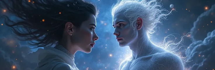 Image of a handsome imaginary star man in space in a fantasy scene, looking at a woman