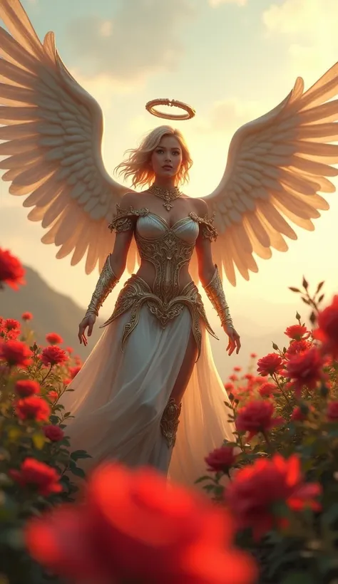 A woman with big breasts, short blonde hair, eyes emitting light, a Divine armor, 2 halos on her head, two large eagle wings walking in a field full of roses and her hair flying in the wind..