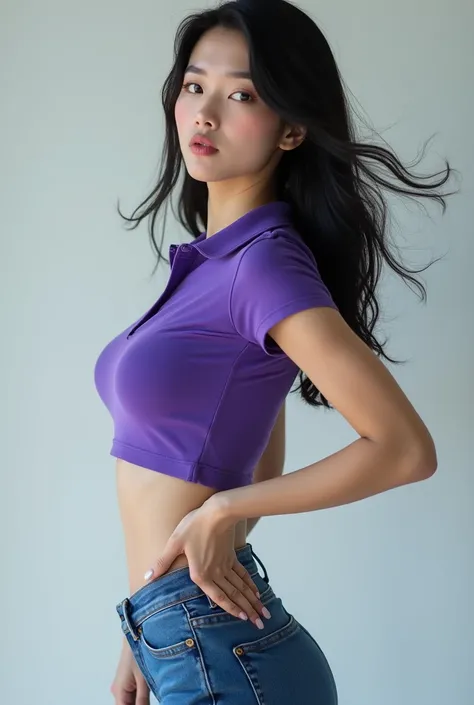 Bergaya photography,beautiful korean women,black hair,ideal body,solid chest,wearing a violet tight tennis polo,wearing tight blue jeans,wearing violet high heels,blowing a kiss sideways,close eyes,best quality 8k hd,detail,photography, standing in full he...