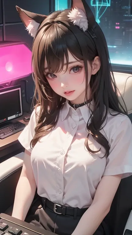 Solitary, 1girl, masterpiece, Best quality Extremely detailed, girl、Heaven、hotel、Black long straight hair、Glowing neon lights、Electronic Game Room、Sitting in a gaming chair、girl子玩游戏、Illuminated keyboard、Glowing cat ears、(((UV lamp、White shirt glowing under...