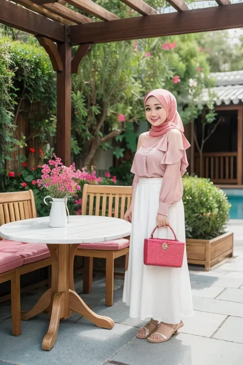 Photography fullbody, real picture of a beautiful Indonesian woman, smile sweetly, wearing a Muslim hijab, wearing a brown blouse with ruffles on the shoulders, wearing a white midi skirt, wearing white shoes, standing while carrying a bag. Outdoor patio b...