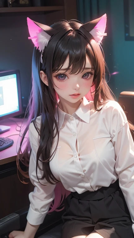 Solitary, 1girl, masterpiece, Best quality Extremely detailed, girl、Heaven、hotel、Black long straight hair、Glowing neon lights、Electronic Game Room、Sitting in a gaming chair、girl子玩游戏、Illuminated keyboard、Glowing cat ears、(((UV lamp、White shirt glowing under...