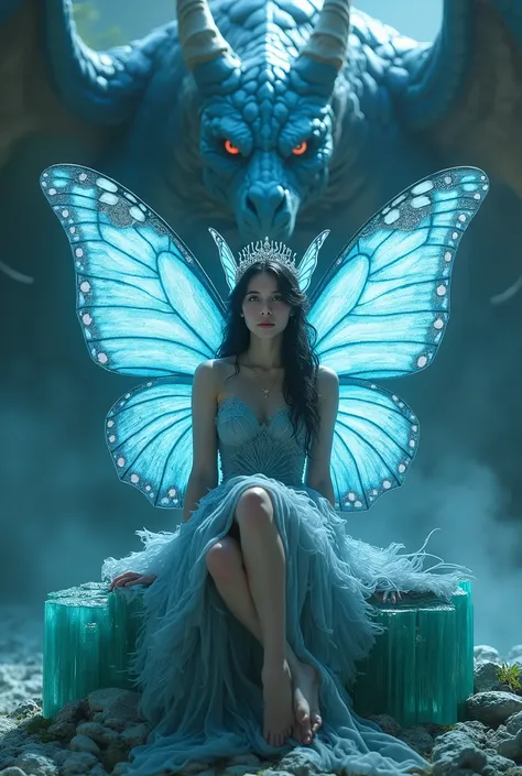 A beautiful girl with dark hair and blue eyes with delicate butterfly wings sits on a throne made of bright jade stone.Behind the throne stood very big blue dragon eyes The girl is wearing a dress made of velvet and blue feathers On the girls head is a lar...