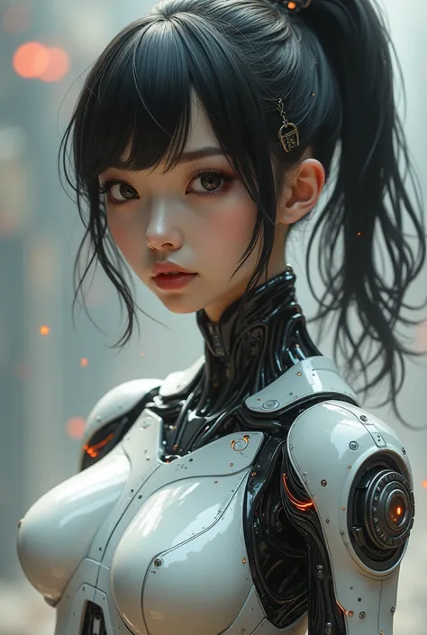 Design a visually stunning high-resolution portrait of an android girl with a defined body and a fashionable ponytail. Capture her charisma and charm, with intricate details that showcase her unique robotic attributes