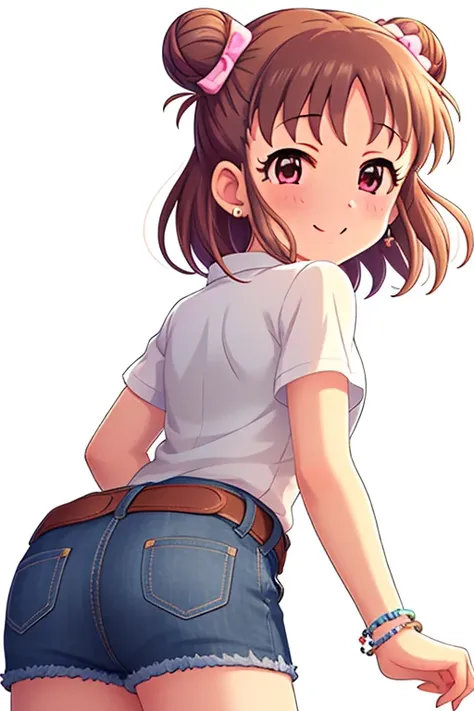 2D, anime, anime coloring, (solid white background:1.3), Munakata Atsumi, double bun, hair bun, brown hair, blush, 1girl, solo, jewelry, short hair, hair ornament, brown eyes, looking at viewer, bracelet, hair bow, white shirt, belt, smile, denim shorts, s...