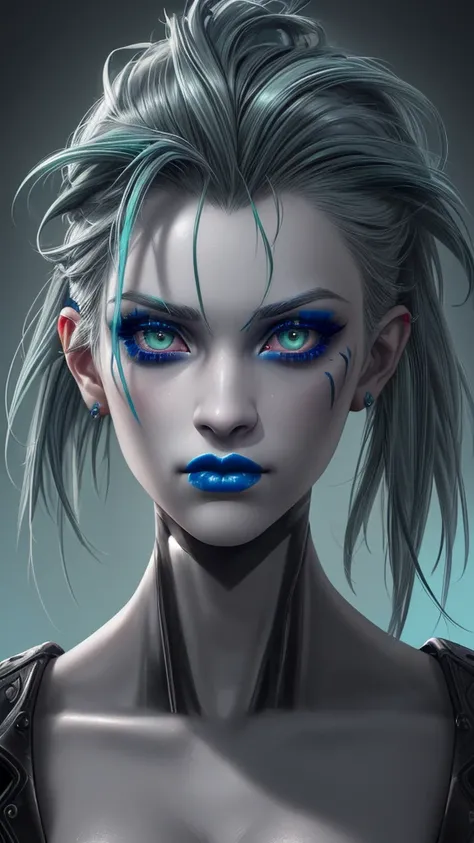 Eyes are grey/green. blue lipstick. 
series,Smoky hair. High resolution, masterpiece, Accuracy, Realistic anatomy, in detail, HD model, closed mouth, 8K rendering, 