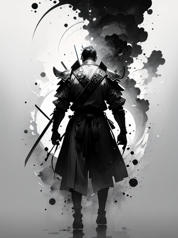 masterpiece of a Samurai on his back with his armor, made by Aase Berg, black and white, high contrast color details, anime style, Japanese theme, hyper-detailed, ultra quality, 4k, intricate, chiaroscuro lighting, white background with ink splotches.