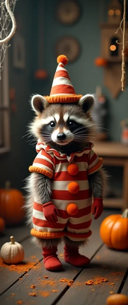 A photo of a fluffy baby raccoon wearing a Scary Vintage Clown Girls Fancy Dress costume. The raccoon is standing in a Halloween room with decorations such as cobwebs, pumpkins, and a haunted house backdrop. The raccoons costume is a vintage clown outfit w...