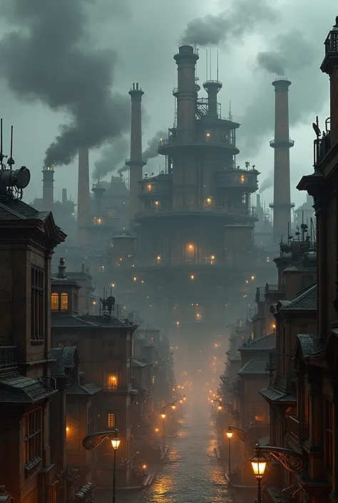 A steampunk industrial city surrounded by a towering wall, with thick smoke billowing from tall chimneys, factories, and machinery, gears and steam pipes visible throughout the scene. Tall, rusty buildings and towers dotting the landscape, powered by steam...