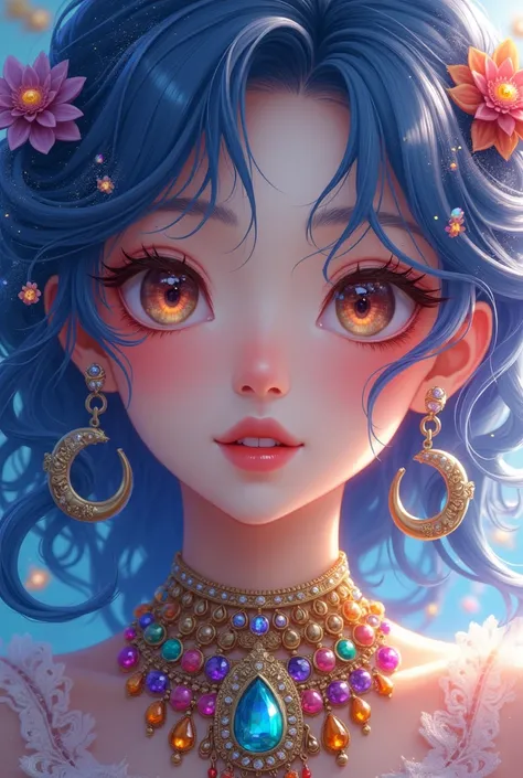 Close-up of a woman with colorful hair and necklace, anime girl with cosmic hair, soft vitality of Rossdraws, artwork in Guvez style, fantasy art style, colorful], vibrant fantasy style, Rossdraws cartoon full of vitality, cosmic and colorful, Guweiz, colo...