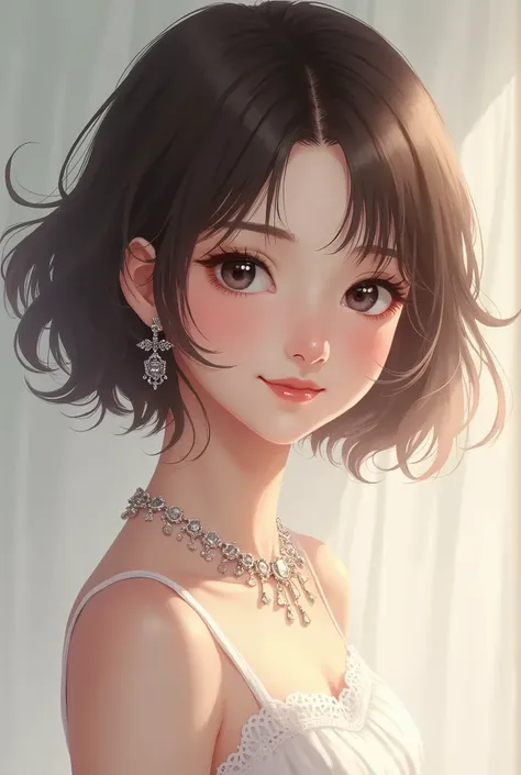 High Resolution, Solo, Masterpiece, short Hair, Sparkle, brown hair, black eye, smile, white dress, jewely on neck