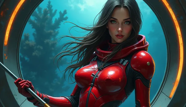 Best quality, vivid colors, acrylic realistic SHARPEN art of a beautiful European woman with long hair in action pose, stands in a lateral point of view, wearing sci-fi glossy dark red plastic armor without folds and details. She have a suspicious face and...