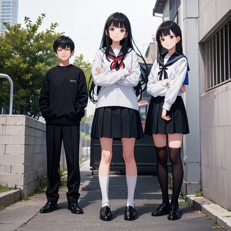 Standing with arms folded behind back、One girl with black hair wearing a sailor uniform, white crew socks and black loafers