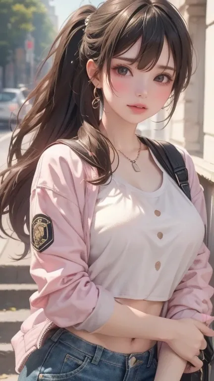 Aesthetic lighting, Soft colors, soft strokes, dreamy atmosphere. (The best, High resolution), delicate eyes, practical, 1 female, The best, 12K, HD, black long hair, big round breasts, , ponytail, necklace, jewelry, shorts, bomber jacket, slender hips, sc...