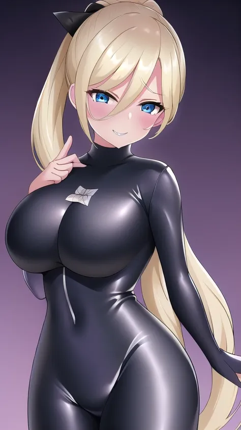  Erotic、Blonde、Long ponytail volume、Ribbon hair tie、Big Breasts, Alone,teacher、 White wetsuit　Rash guard, Purple evil background、 Best Quality, Detailed face, Detailed eyes, High resolution,、Evil female executive、Evil grin、Sexy pose、Fallen into evil、Fall i...