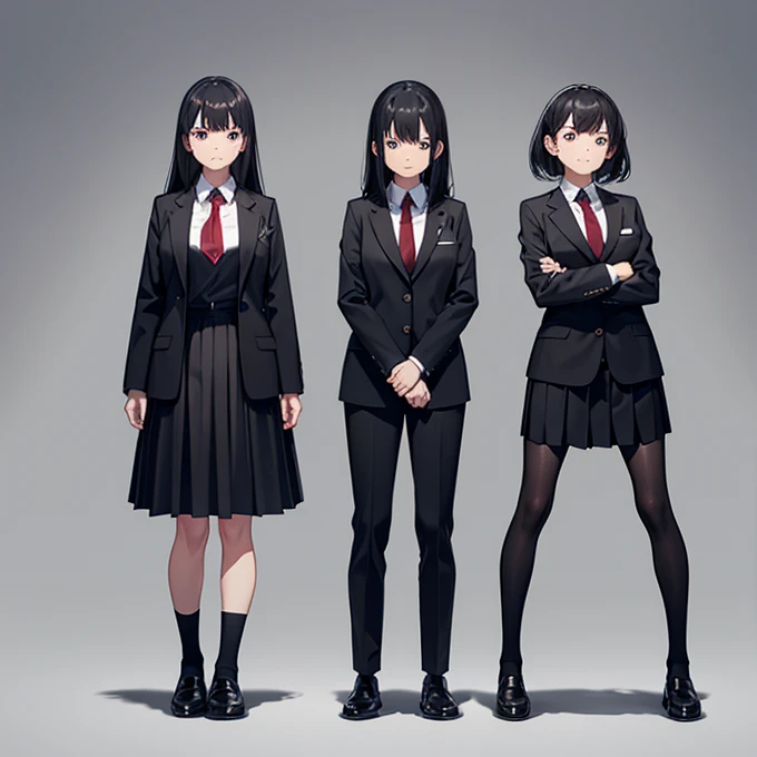 Standing with arms folded behind back、A black-haired girl wearing a blazer uniform, white crew socks and black loafers