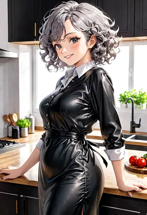 70-year-old Woman Wrinkled skin Grey curly hair Black long leather dress White shirt Kitchen Side view Smirk