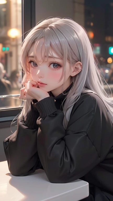 ((The best，masterpiece，((masterpiece:1.4, The best:1.2)), 1 girl, focus only, beautiful skin, blush, black sweatshirt, Long gray hair, Gray eyes, sitting, earrings, Hand Piercing, cafe window, night, It&#39;s snowing, city View, tall girl, Beautiful and ex...