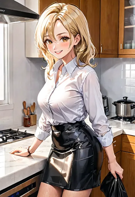 70-year-old Woman Wrinkled skin Blond straight hair Black long leather skirt Detailed skirt White shirt Kitchen Side view Smirk