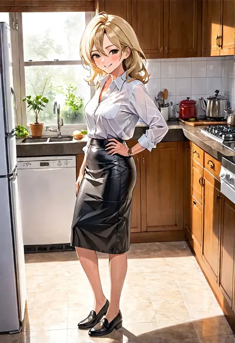 70-year-old Woman Wrinkled skin Blond straight hair Black long leather skirt White shirt Kitchen Side view Smirk Full body