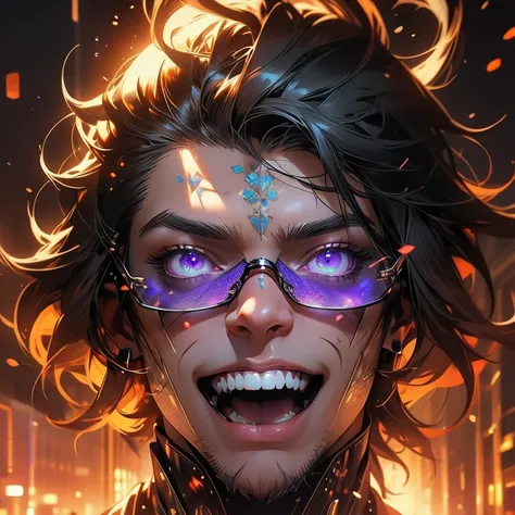 Young Male, Assassin, Hood, White Coat, White Shirt, Cyberpunk, Handsome, Dark Skin, ((Draconic Scales)), Horns coming out of his face, Black Hair, ((Shorthair)), Purple Eyes, Ray Band Shades, Menacing, Slim, 3D, Cinematic Lights, Vibrant Colors, Full Body...