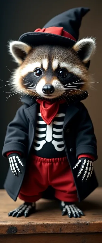 A photo of an extra fluffy baby raccoon wearing a Voodoo Man Halloween costume. The raccoon is sitting on a wooden surface. The costume consists of a black long sleeve top with a skeleton print, a red cravat, matching trousers, a coat, and a hat with red r...