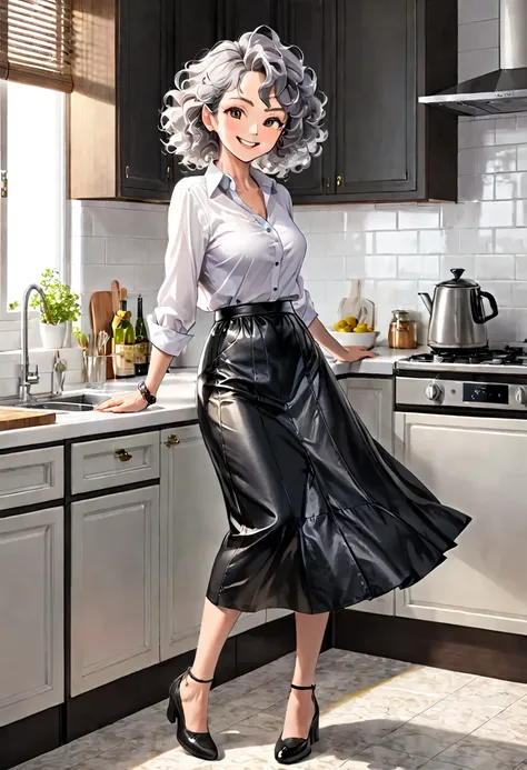 70-year-old Woman Wrinkled skin Grey curly hair Black long leather skirt White shirt Kitchen Side view Smirk Full body