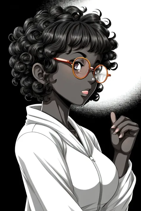 black and white manga art in naruto style of a black skinned woman with short curly hair, with curly bangs and round glasses, distracted looking to the side