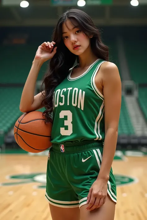 1 girl, long black hair, slim body, beautiful bright skin, breast size f cup, wearing a basketball uniform, a sleeveless basketbal uniform, boston celtics team uniforms, boston celtics green uniform, bottom of shirt out, pants very short, standing on the b...