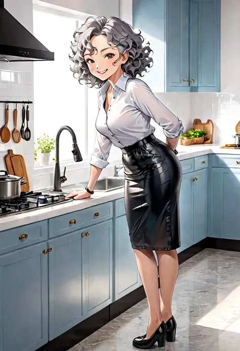 70-year-old Woman Wrinkled skin Grey curly hair Black long tight leather skirt White shirt Kitchen Side view Smirk Full body