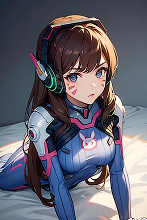 1girl, On all fours pose, aahana, hana, dva, long hair, brown hair, headphones, whisker markings, shoulder pads, blue bodysuit, ribbed bodysuit, animal print, clothes writing, long sleeves, white gloves, ((detailed)), ((best quality)), ((masterpiece)), ext...