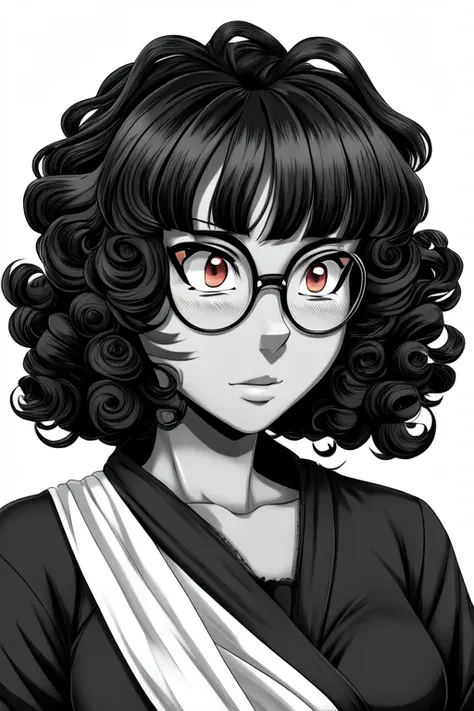 black and white manga art in naruto style of a black skinned woman with short curly hair, with curly bangs and round glasses, distracted looking to the side