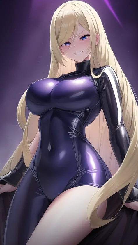  Erotic、Lusamine、Blonde、Big Breasts, Alone、 Navy blue wetsuit　Rash guard, Purple evil background、 Best Quality, Detailed face, Detailed eyes, High resolution,、Evil female executive、Evil grin、Sexy pose、Fallen into evil、Fall into Darkness、Dark Side、excited、l...