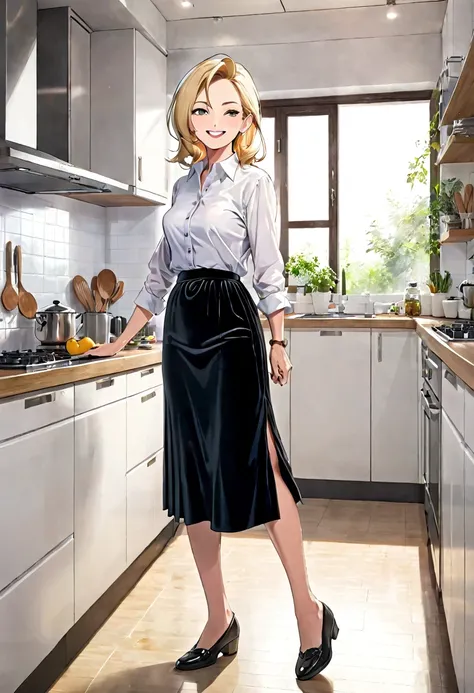 70-year-old Woman Wrinkled skin Blond straight hair Black long velvet skirt White shirt Kitchen Side view Smirk Full body